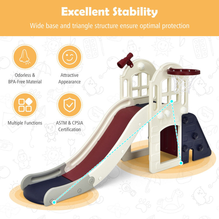 Children's playground slide with stability features highlighted on a white background