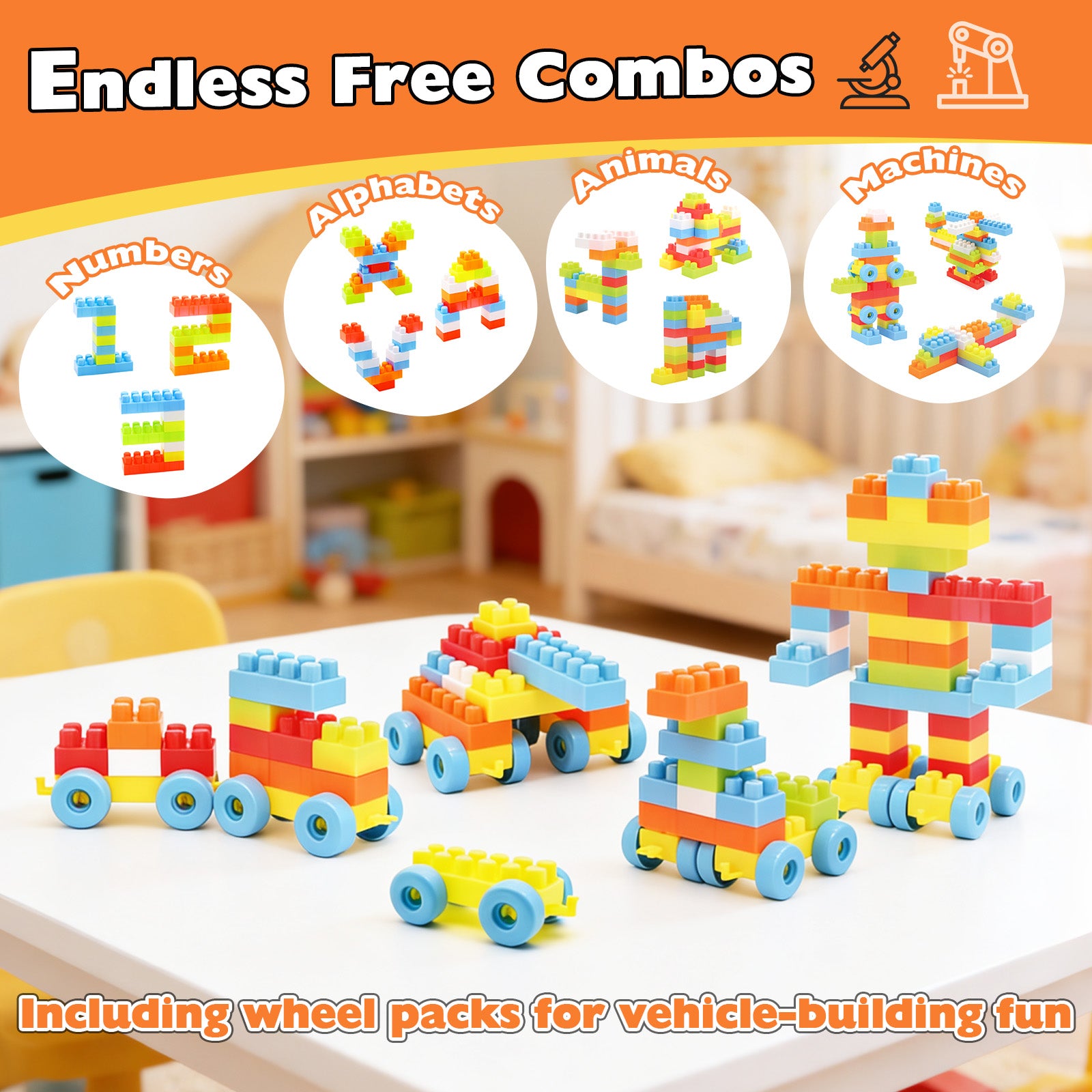 Colorful interlocking building blocks for imaginative construction activities