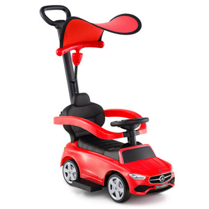 Red toy car with a Mercedes-Benz logo on a white background