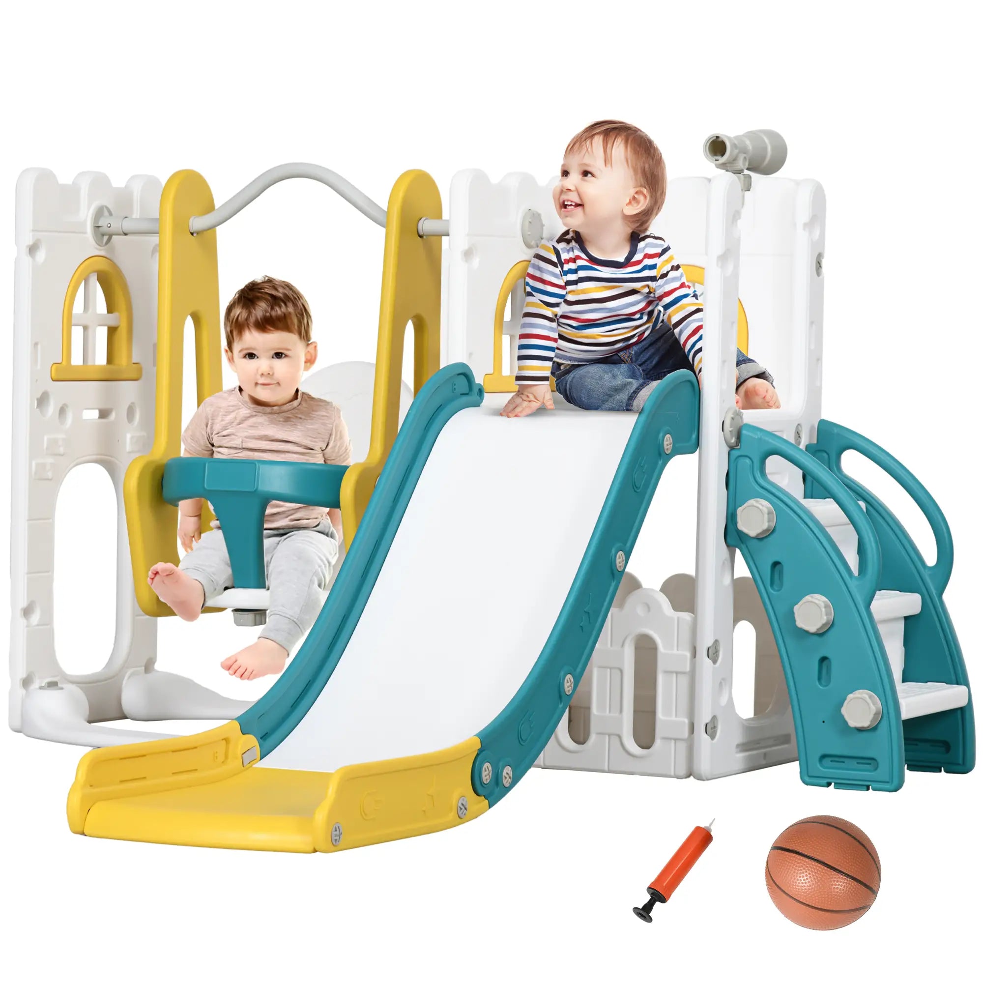 Children playing on a colorful playground set with a slide and climbing structure.