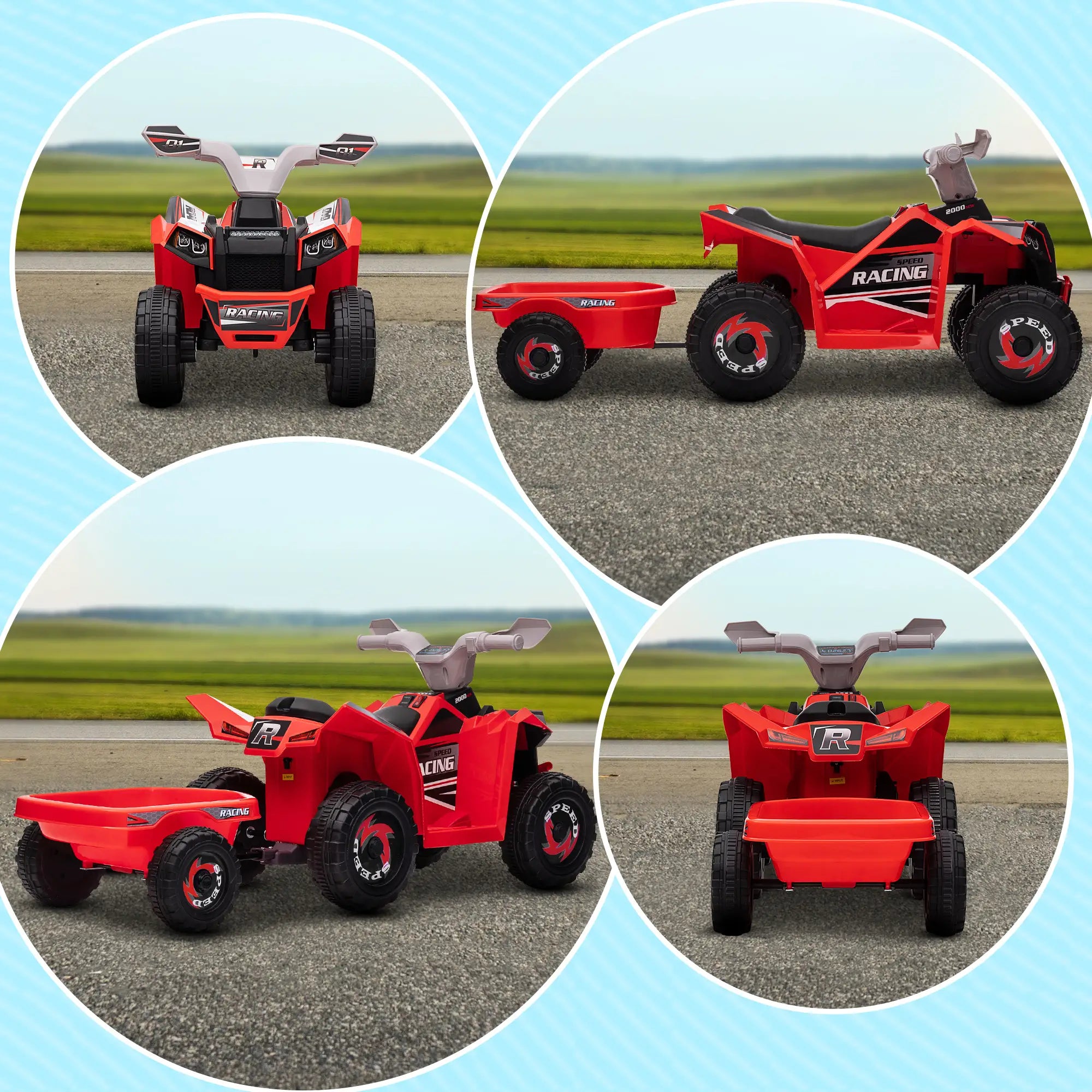 Collage of a red toy ATV with a trailer on a road.