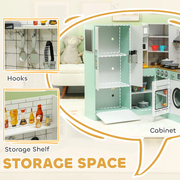 Corner toy kitchen for kids with cabinets and shelves
