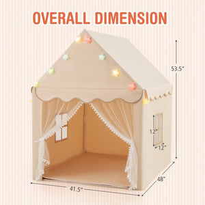 Children's play tent with dimensions labeled on a beige background
