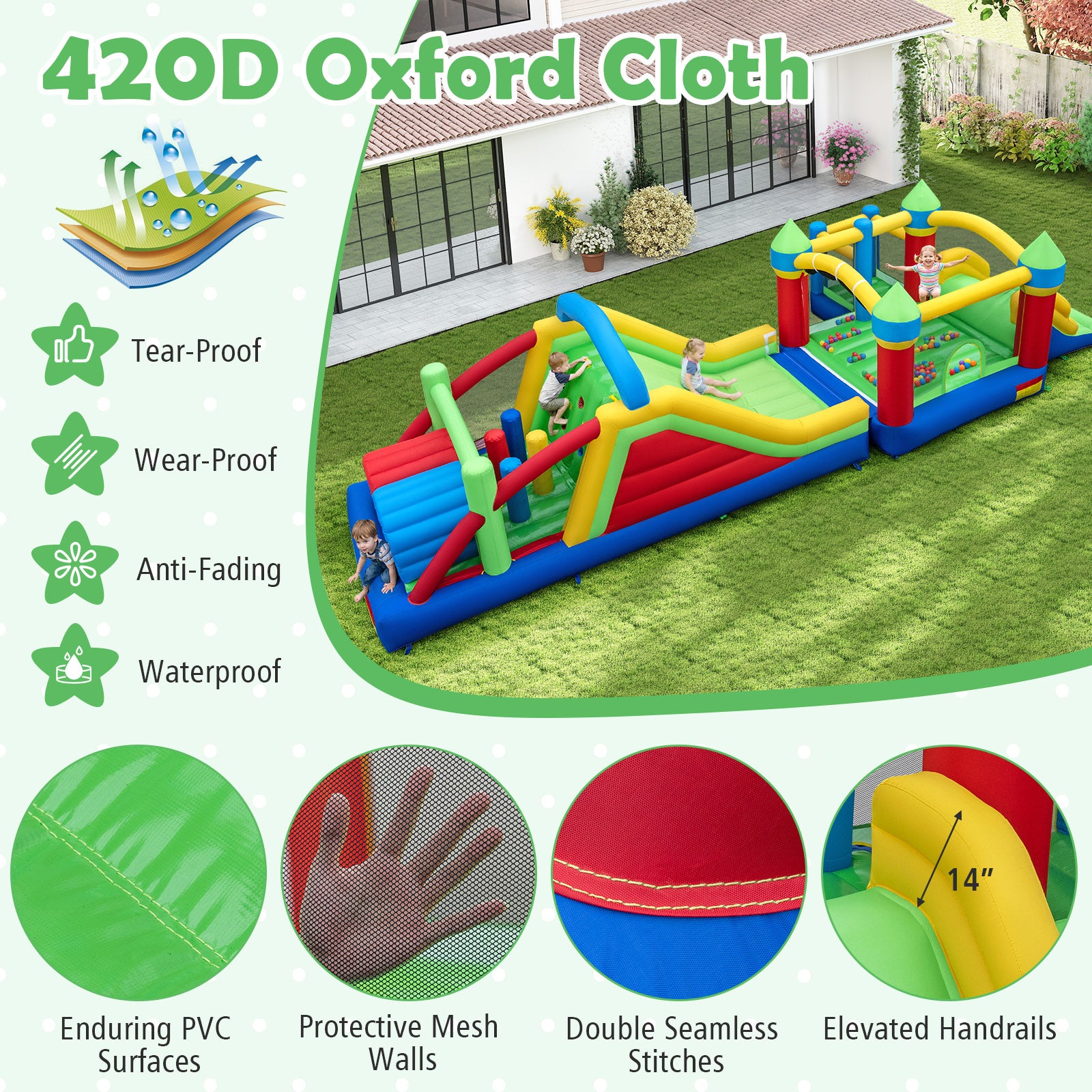 Children playing on a colorful inflatable obstacle course with 420D Oxford Cloth features highlighted.