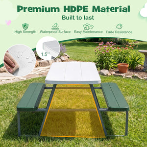 Green and white picnic table with bench seats on grass, featuring premium HDPE material text.