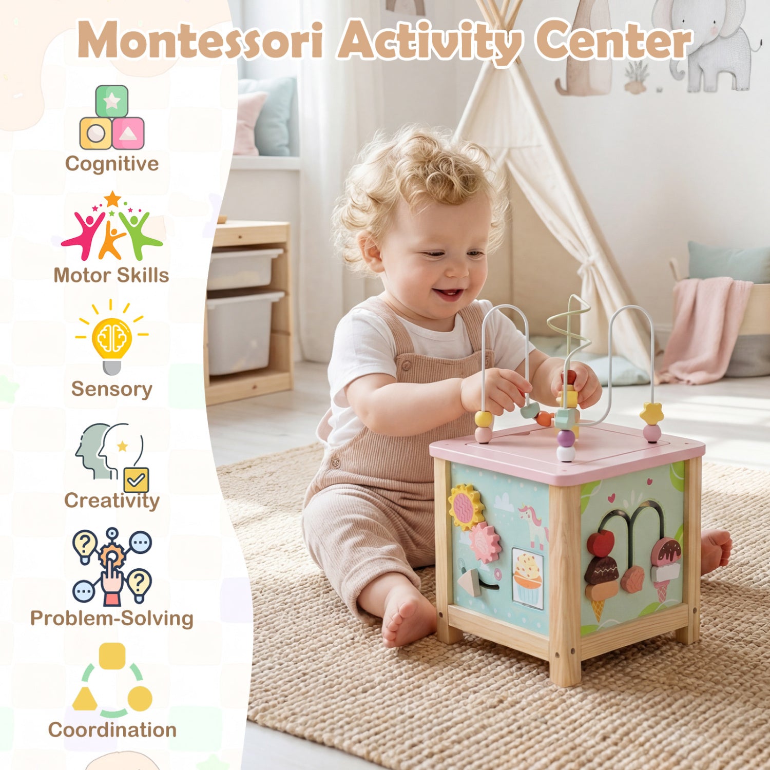 Dessert-themed wooden activity cube for imaginative toddler play