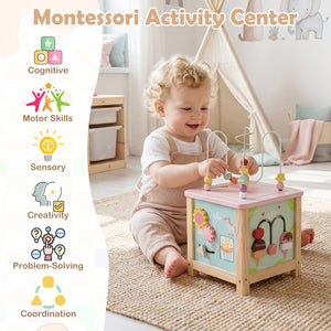 Dessert-themed wooden activity cube for imaginative toddler play