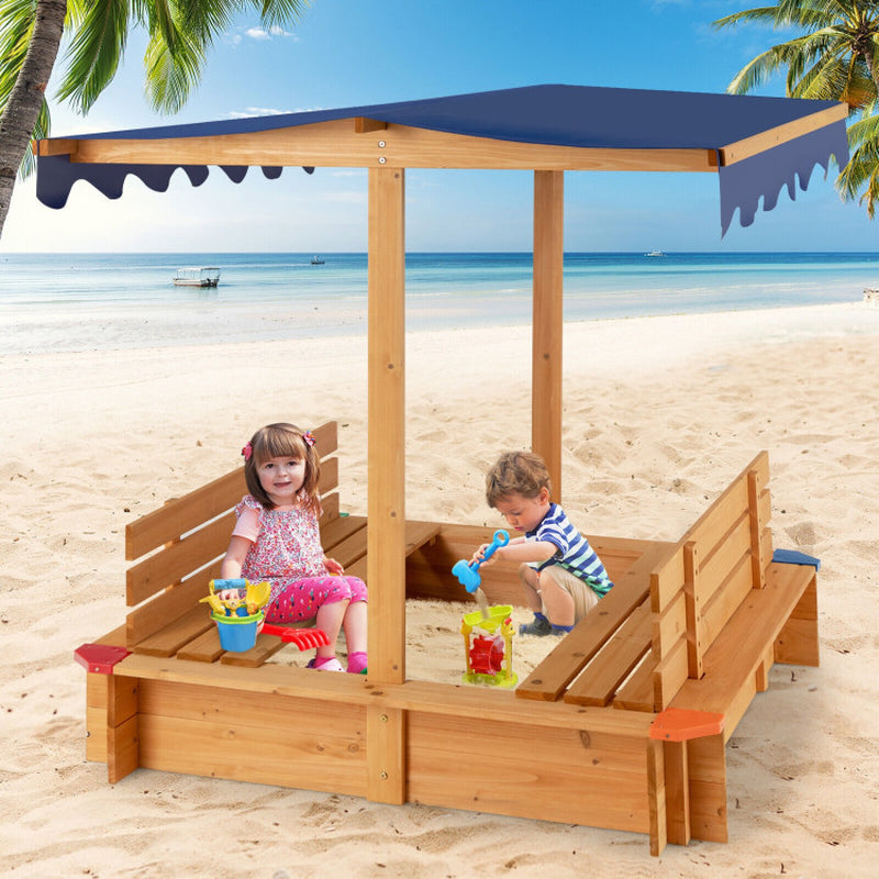 Kids Wooden Sandbox with Canopy and 2 Bench Seats