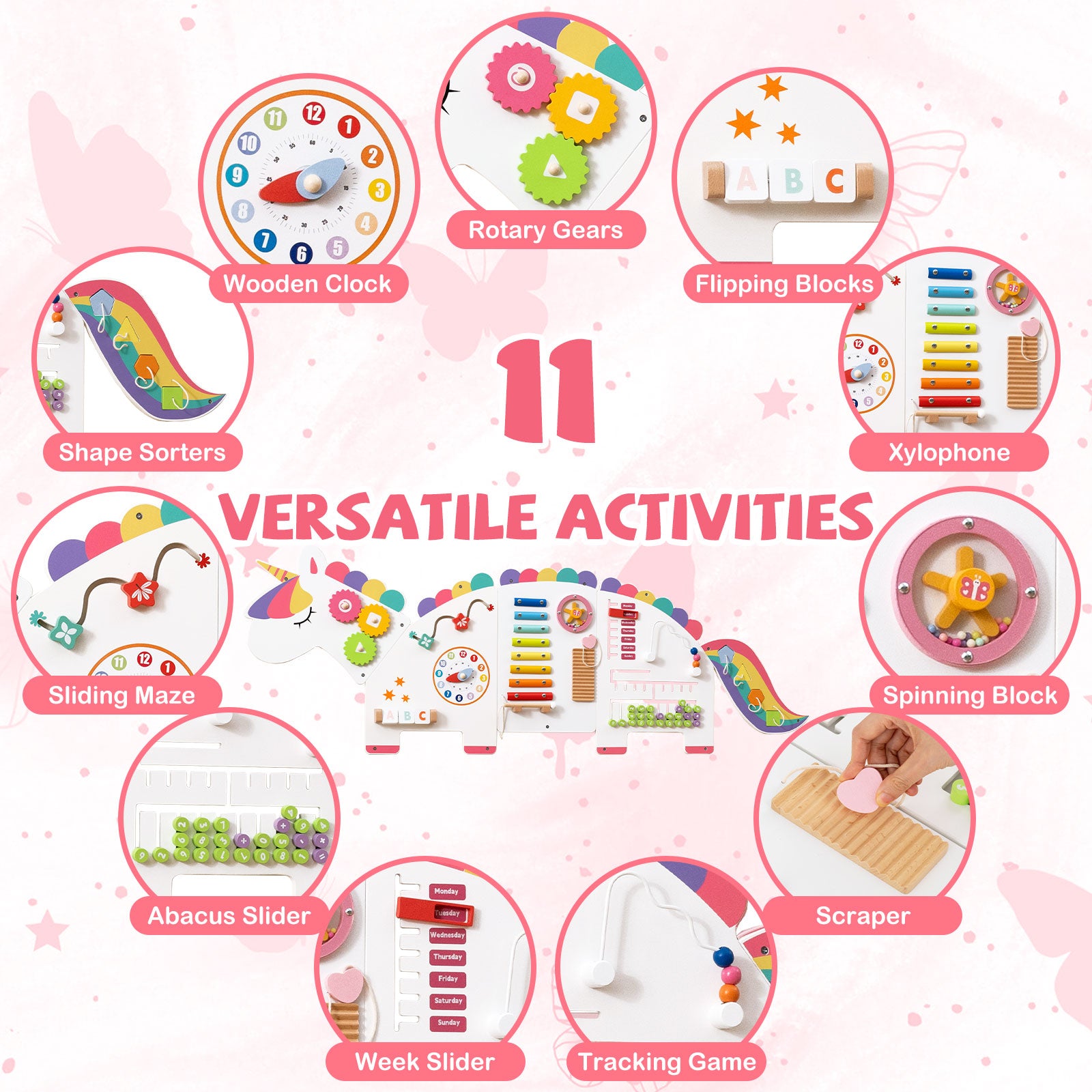 Dinosaur-themed activity wall for hands-on learning and play