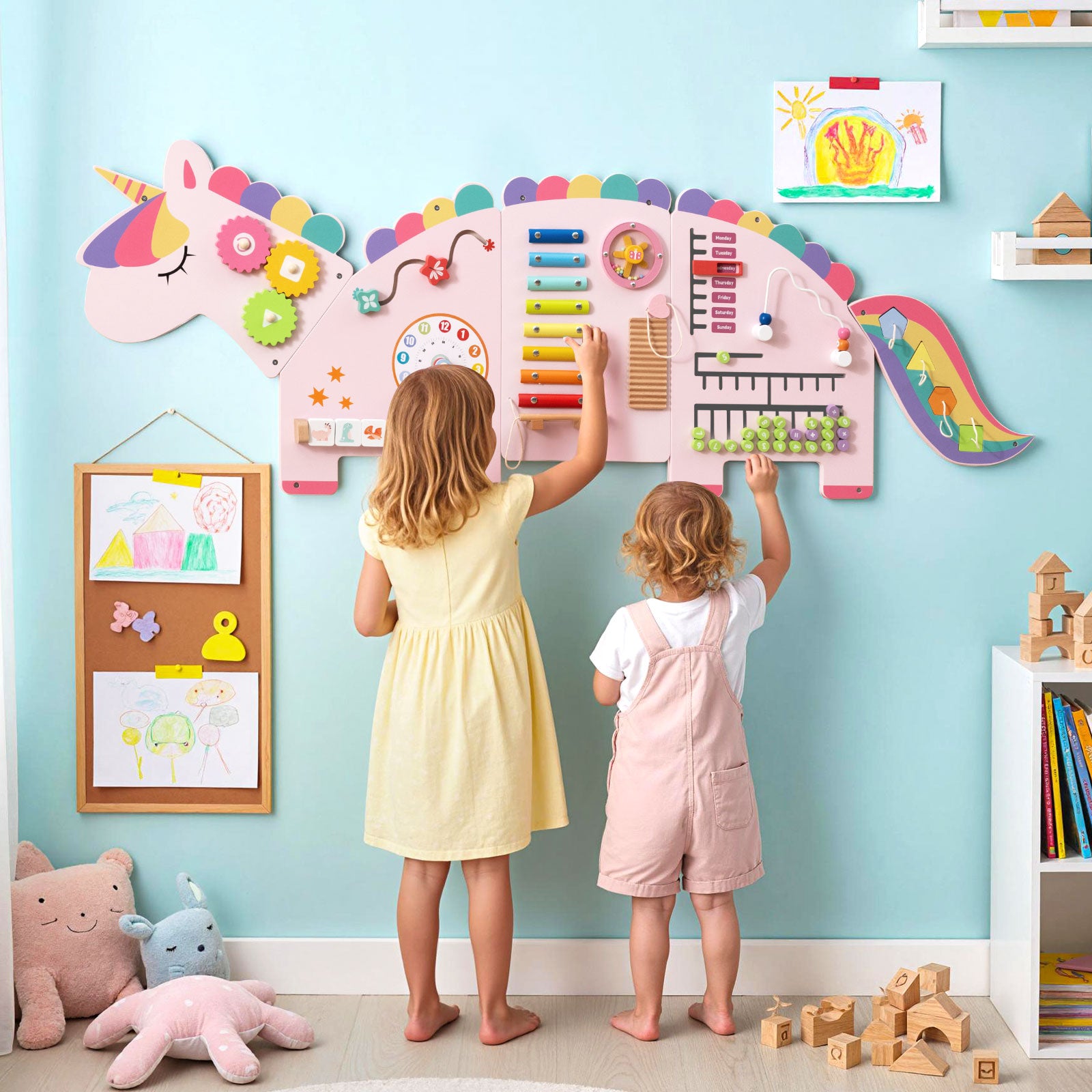 Dinosaur-themed activity wall for hands-on learning and play1