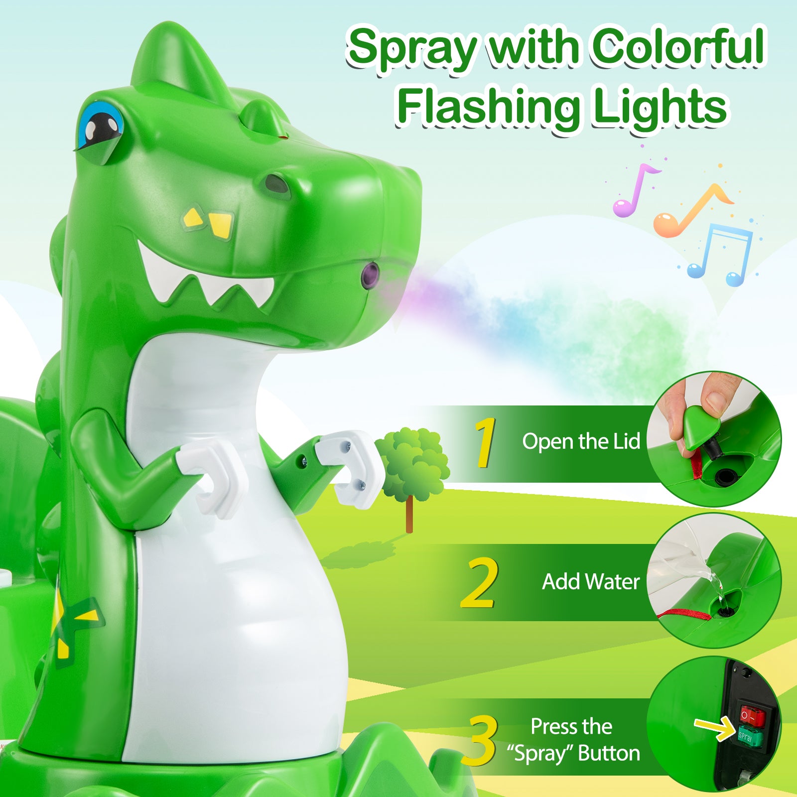 Green dinosaur-shaped sprayer with colorful flashing lights on a light blue background