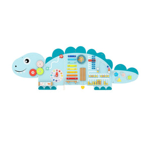 Dinosaur wall busy board with 11 Montessori learning activities for preschool children
