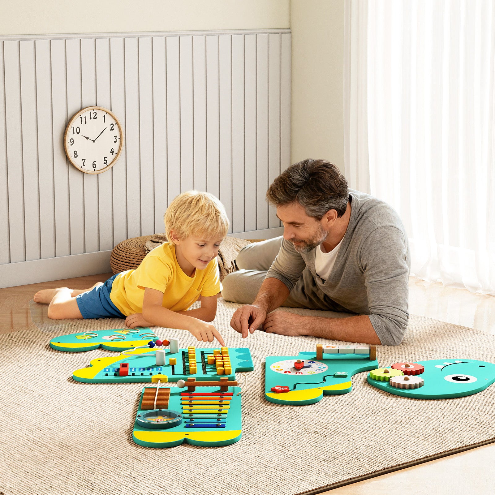Dinosaur learning wall toy that encourages independent exploration