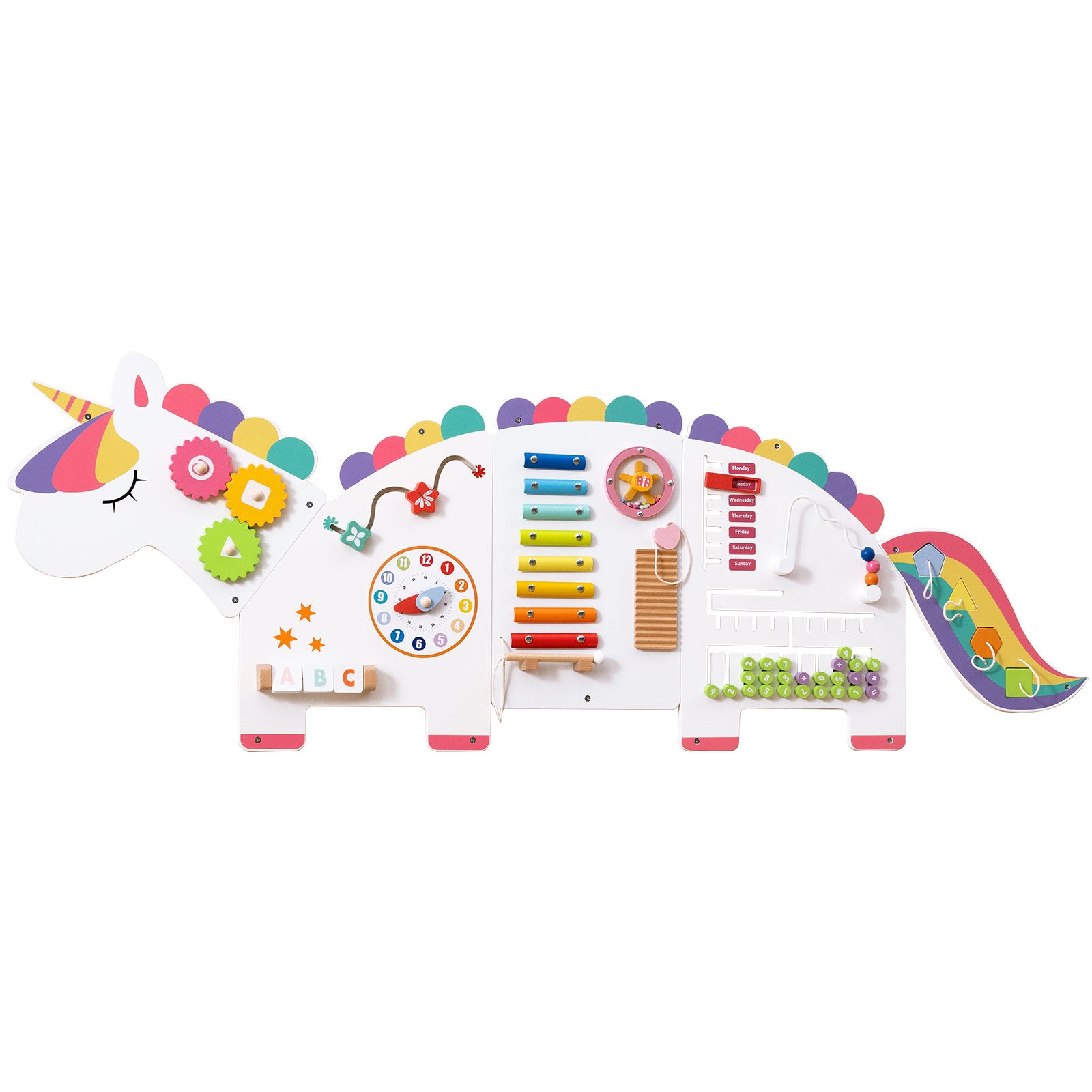 Dinosaur wall busy board with 11 educational Montessori activities for toddlers