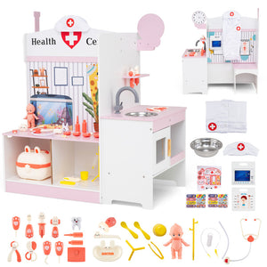 Children's toy medical center set with various medical-themed items on a white background