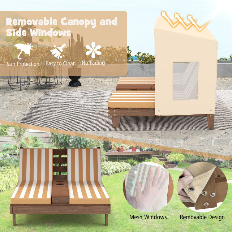 Outdoor furniture set with removable canopy and side windows, featuring sun protection and easy cleaning features.