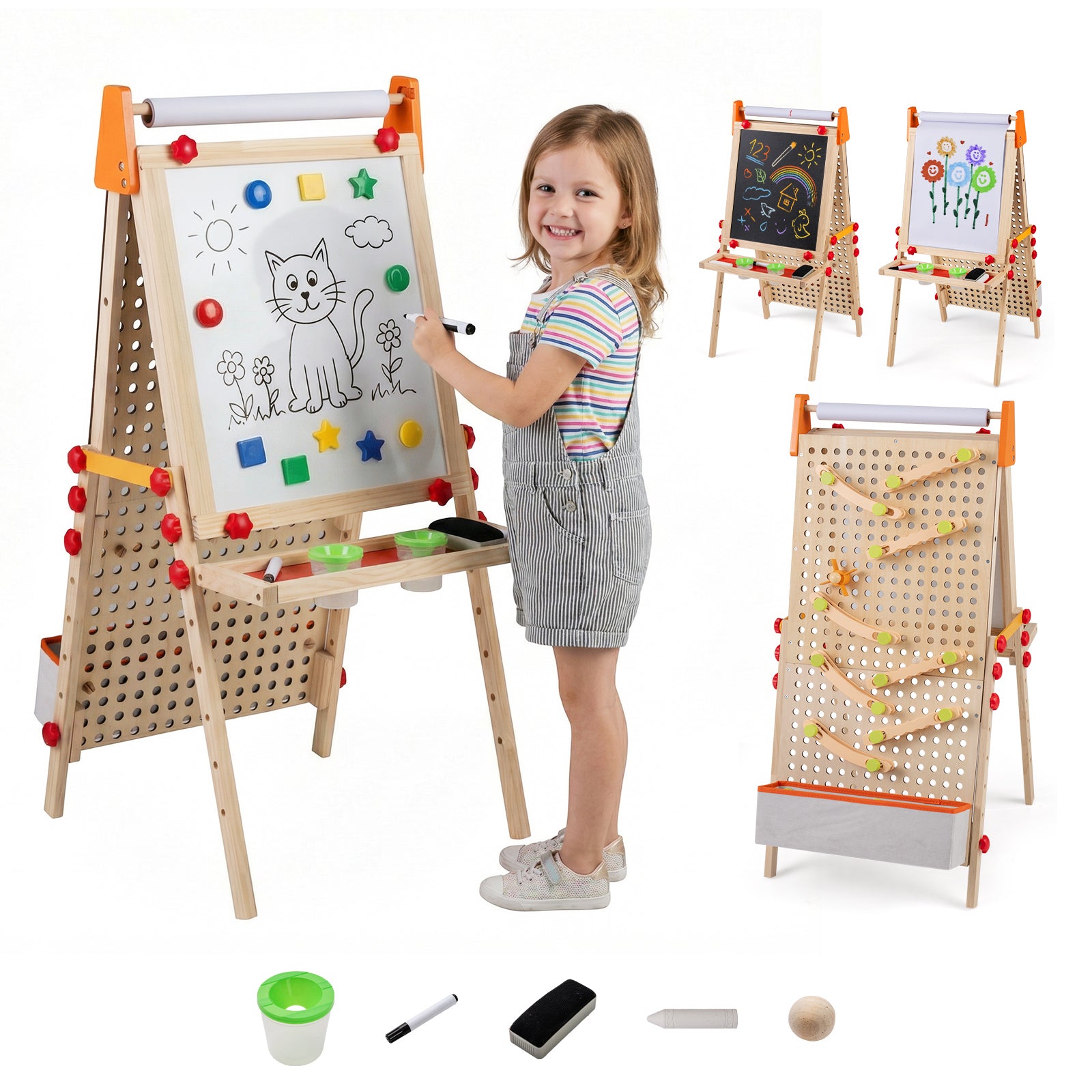 Double-sided kids art easel with magnetic whiteboard and chalkboard