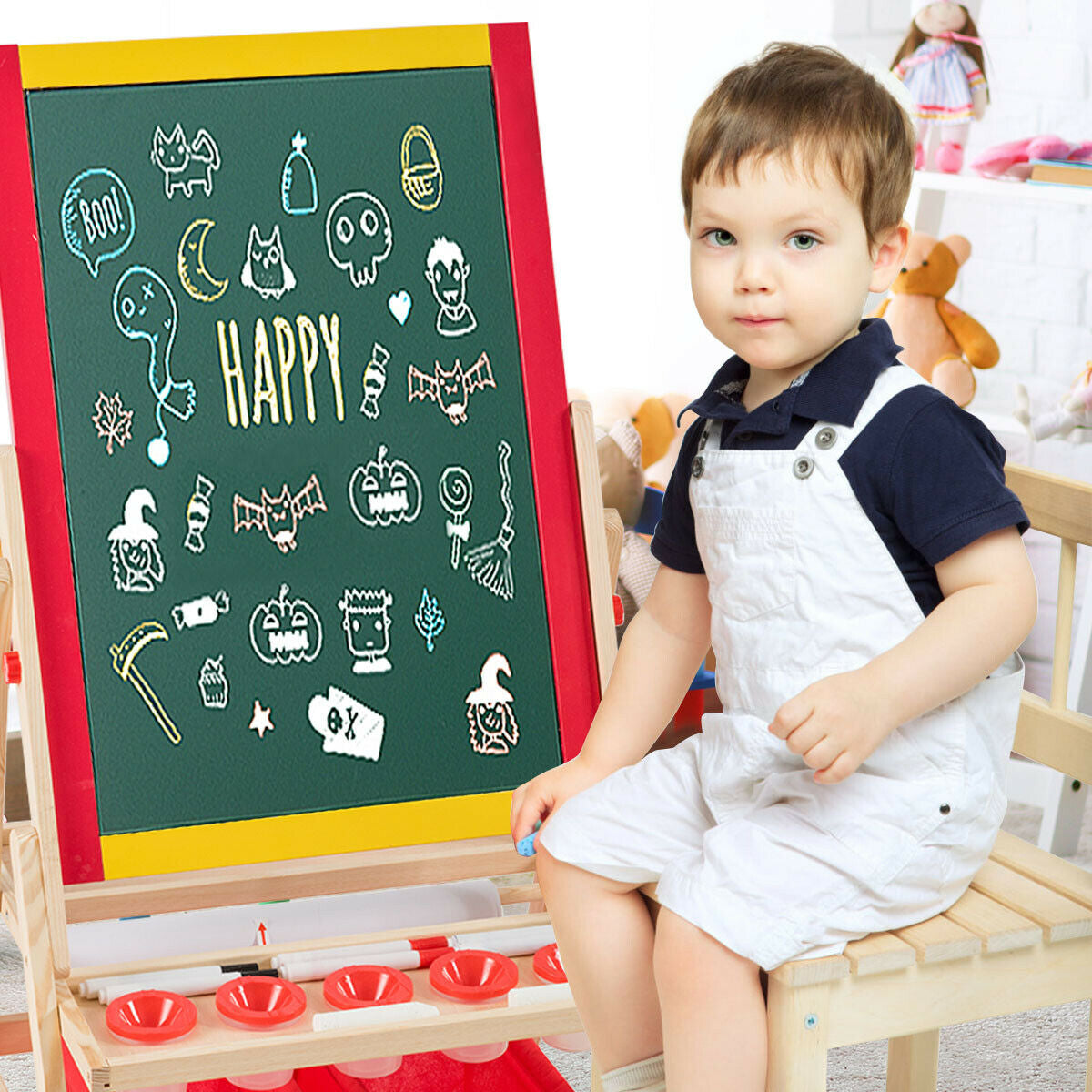 Double-sided kids art easel with magnetic whiteboard and chalkboard