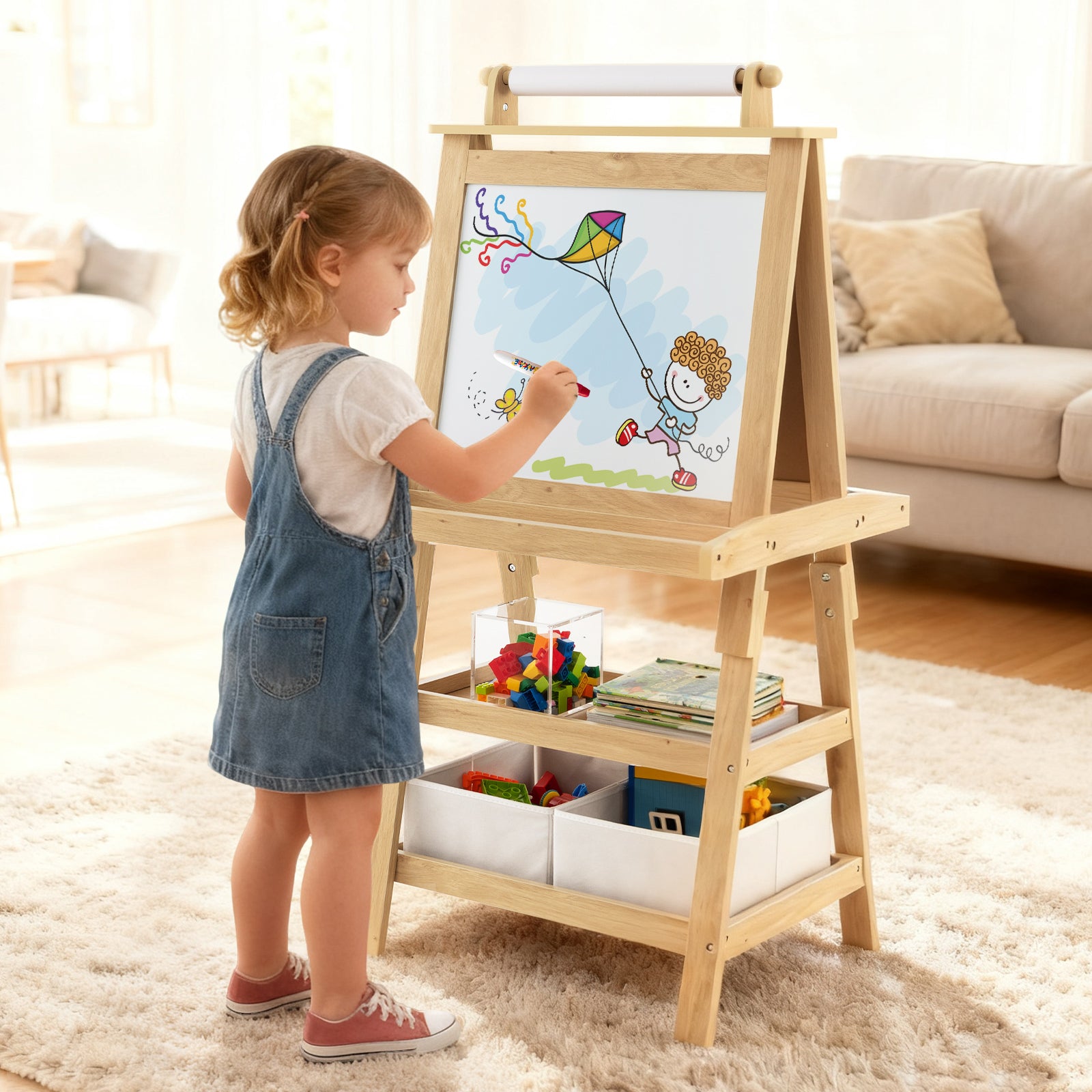 Double-sided kids storage art easel with whiteboard and chalkboard