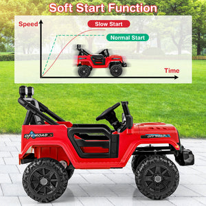 Red toy jeep with soft start function diagram on a grassy background