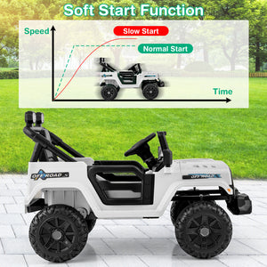 Children's off-road toy car with a soft start function diagram on a grassy background