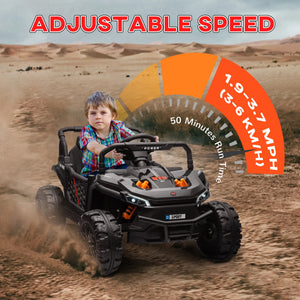 Child driving a toy off-road vehicle in a desert setting with adjustable speed display.