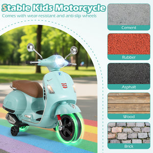 Children's motorcycle with green glowing wheels on a colorful path, surrounded by pavement texture options.