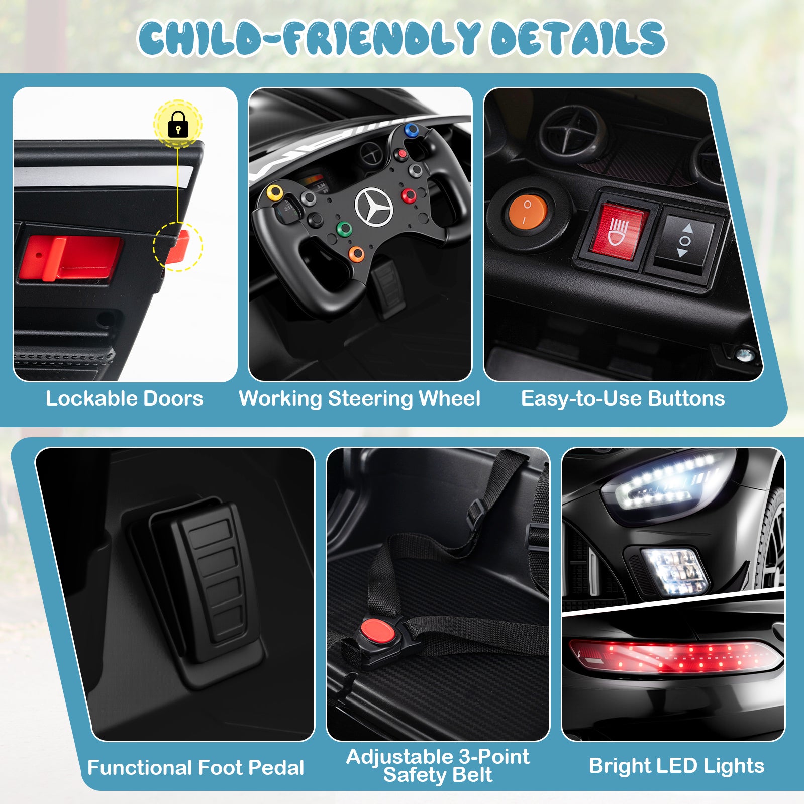 Child-friendly car toy with lockable doors, steering wheel, buttons, foot pedal, safety belt, and LED lights.