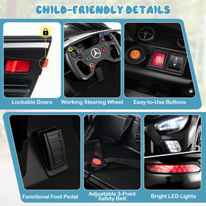 Child-friendly car toy with lockable doors, steering wheel, buttons, foot pedal, safety belt, and LED lights.
