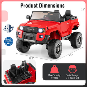 Red toy car with dimensions and safety certification logos on a white background