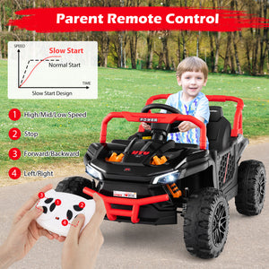 Child playing with a remote control toy car outdoors, with a diagram of slow start design on the left.
