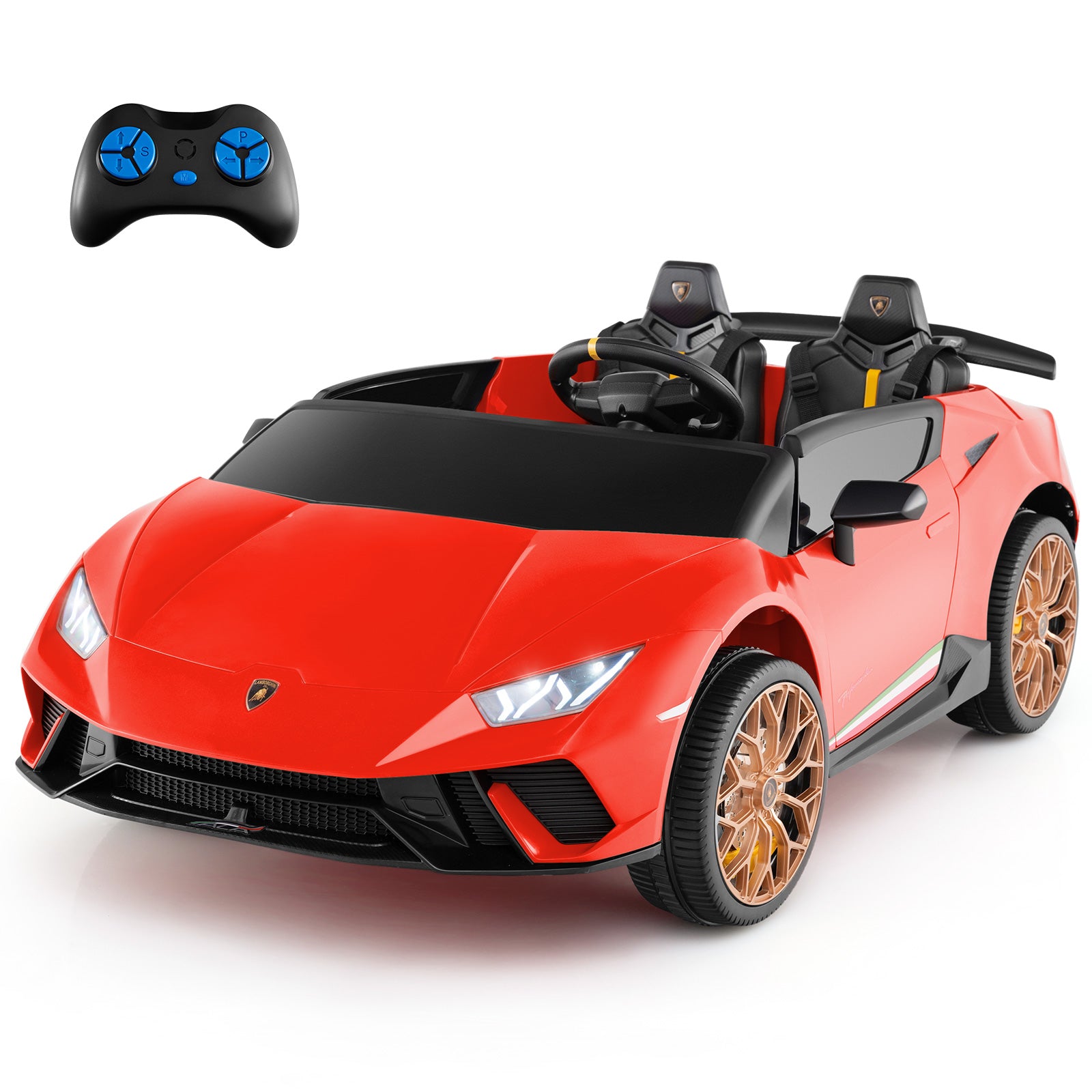 Red toy car with black interior and gold wheels, accompanied by a remote control on a white background.