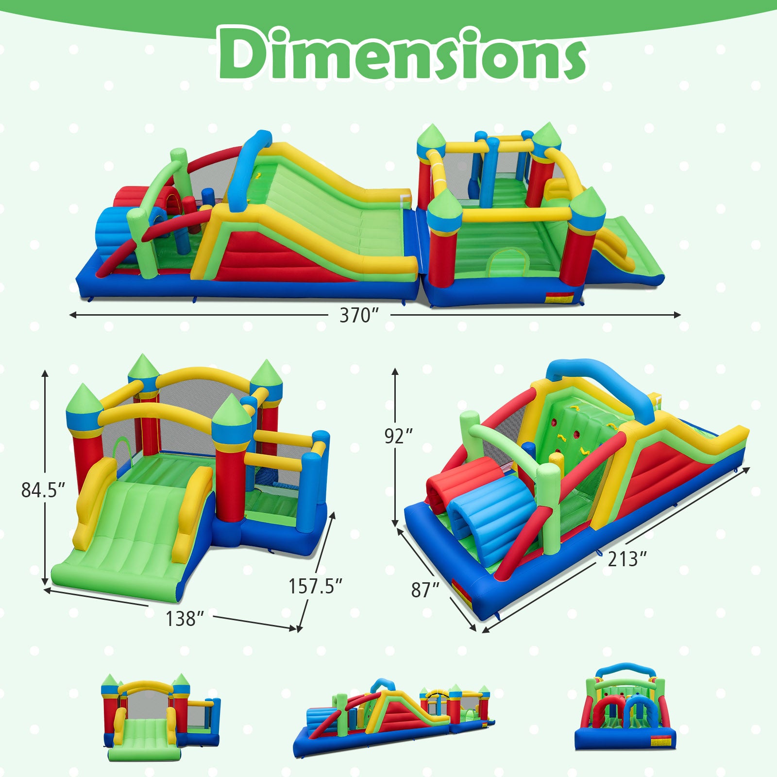 Inflatable playground with dimensions displayed on a white background