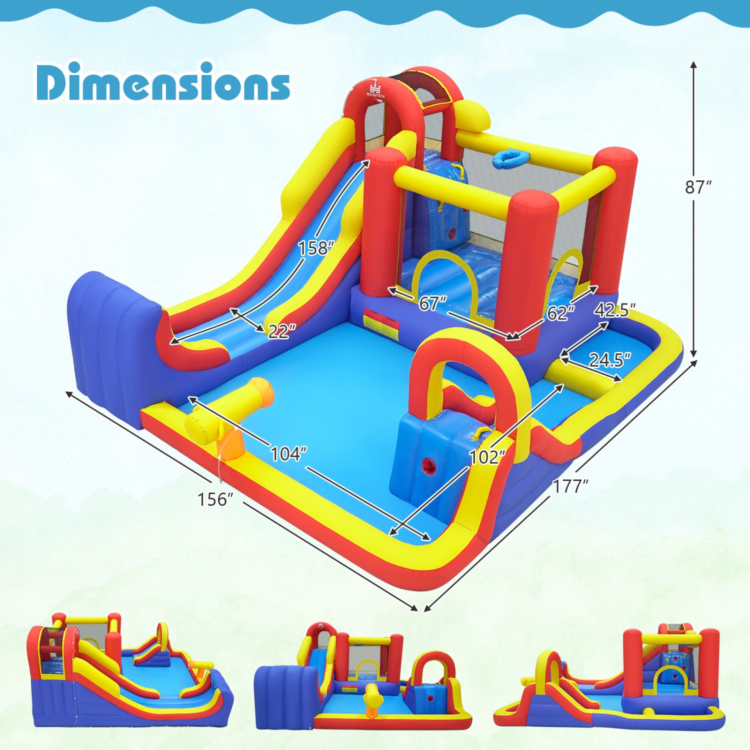 Colorful inflatable playground with dimensions on a white background