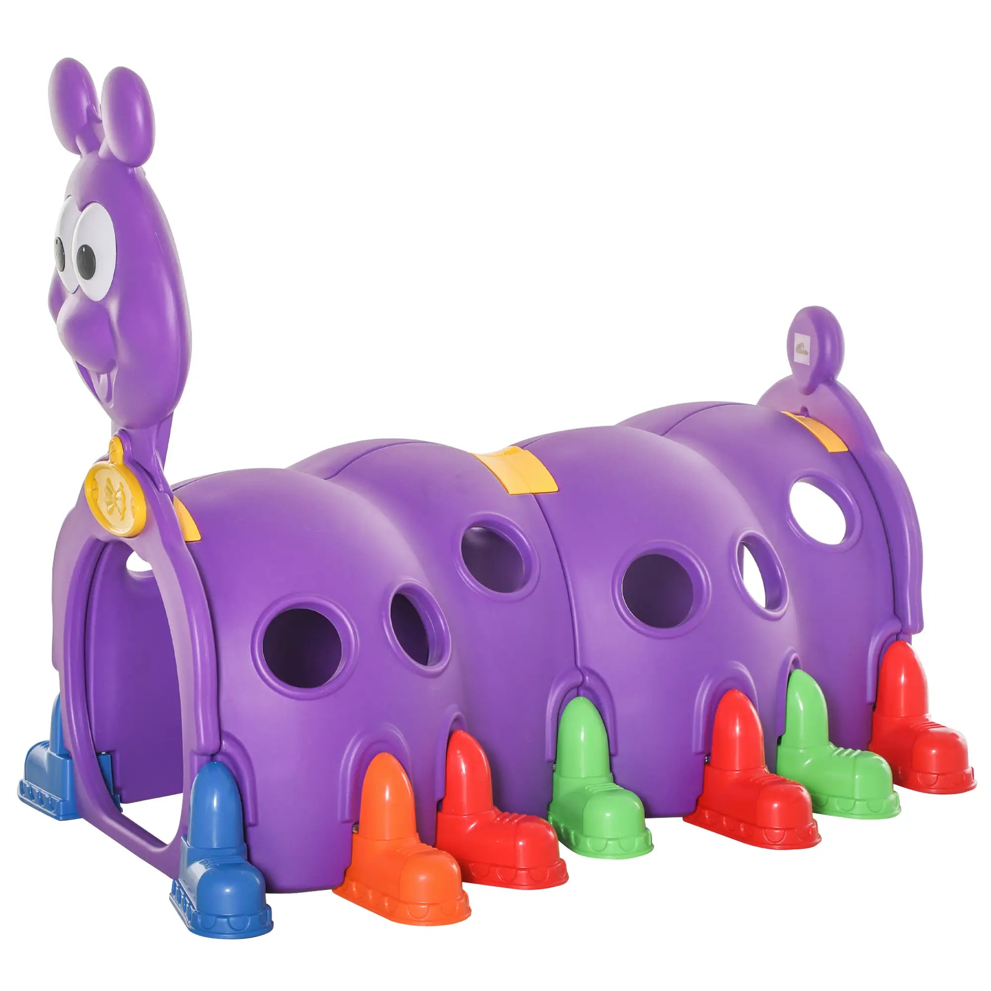 Purple toy caterpillar with colorful cone-shaped ends on a white background