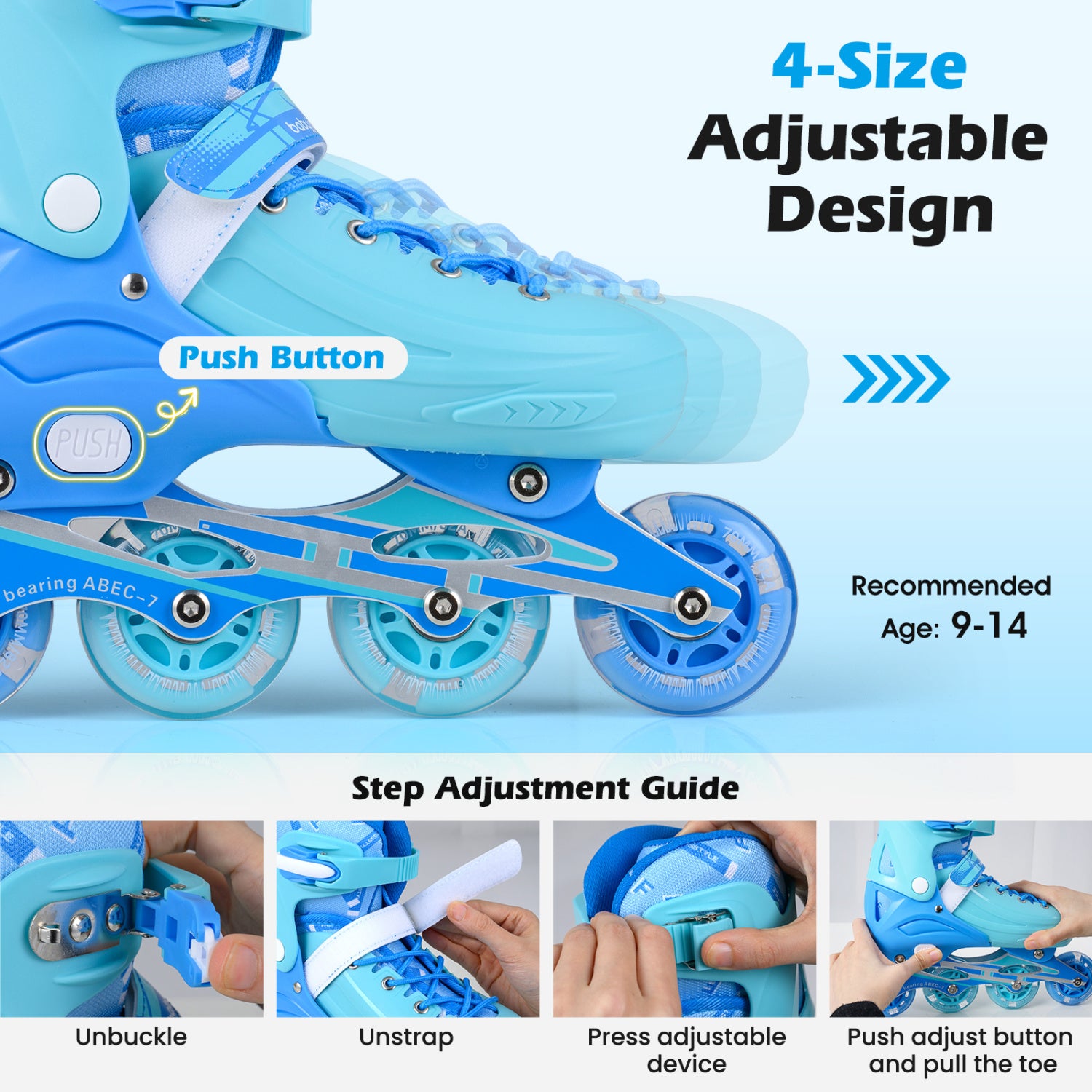Blue adjustable roller skates with size adjustment guide and step-by-step instructions.