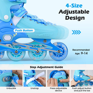 Blue adjustable roller skates with size adjustment guide and step-by-step instructions.