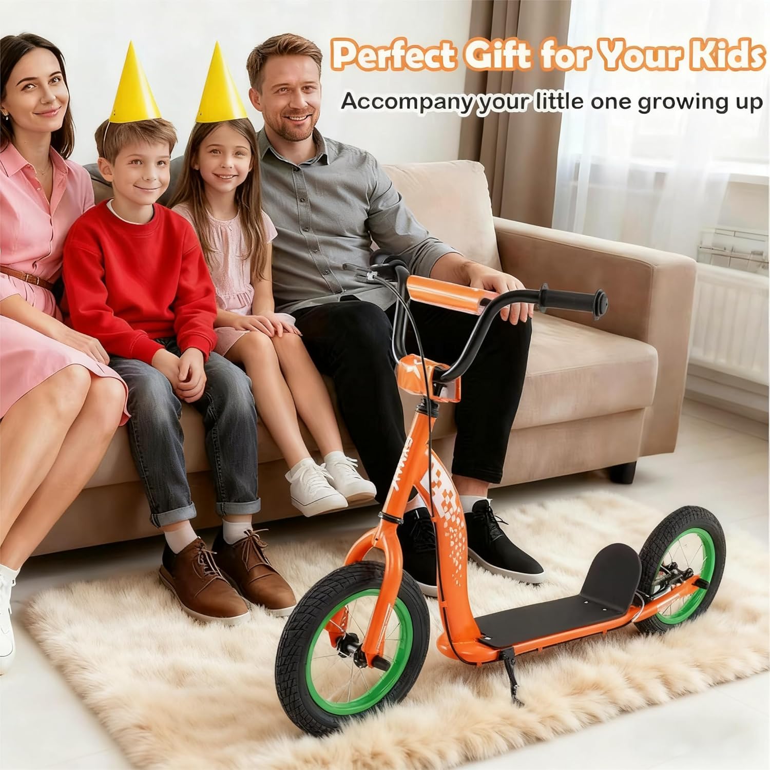 Family sitting on a couch with a child holding an orange scooter, promotional text above.