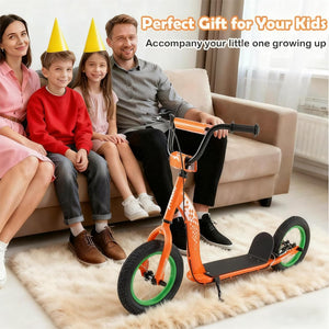 Family sitting on a couch with a child holding an orange scooter, promotional text above.