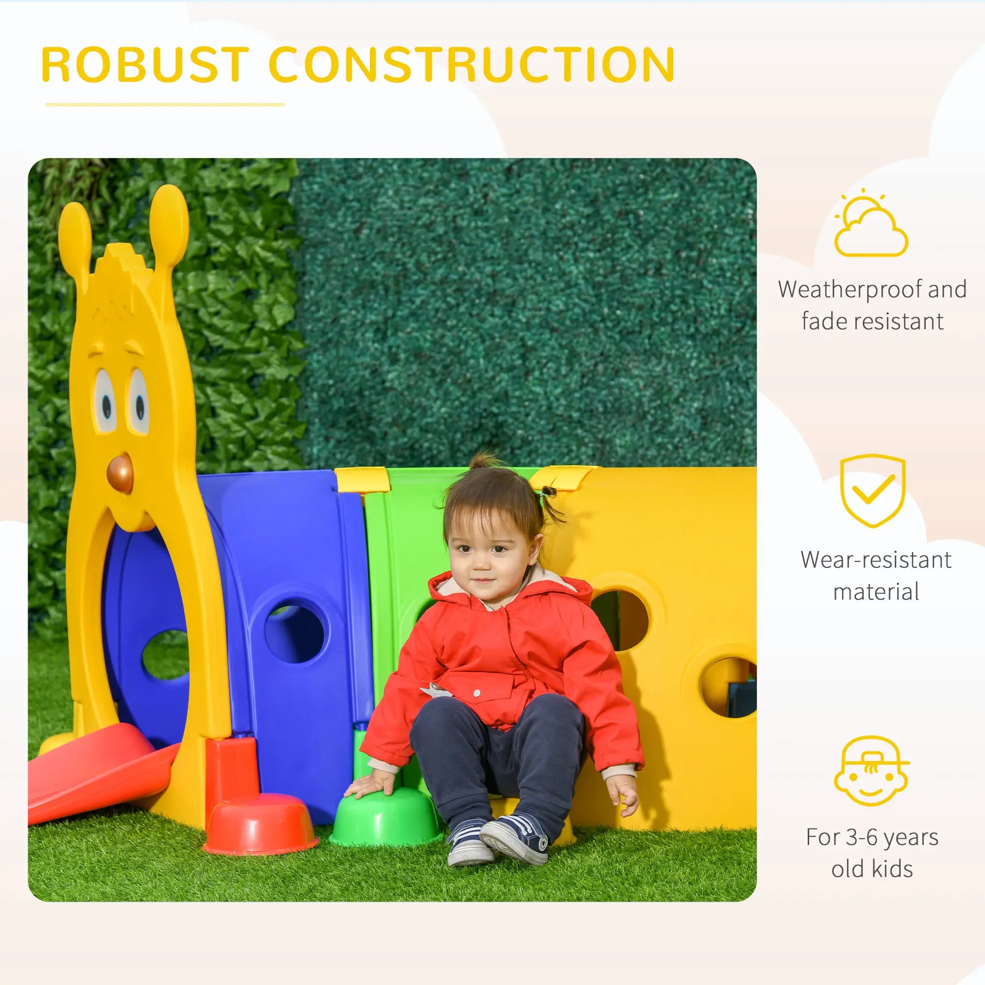 Child playing with a colorful play structure on grass, with text about construction quality.