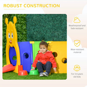 Child playing with a colorful play structure on grass, with text about construction quality.