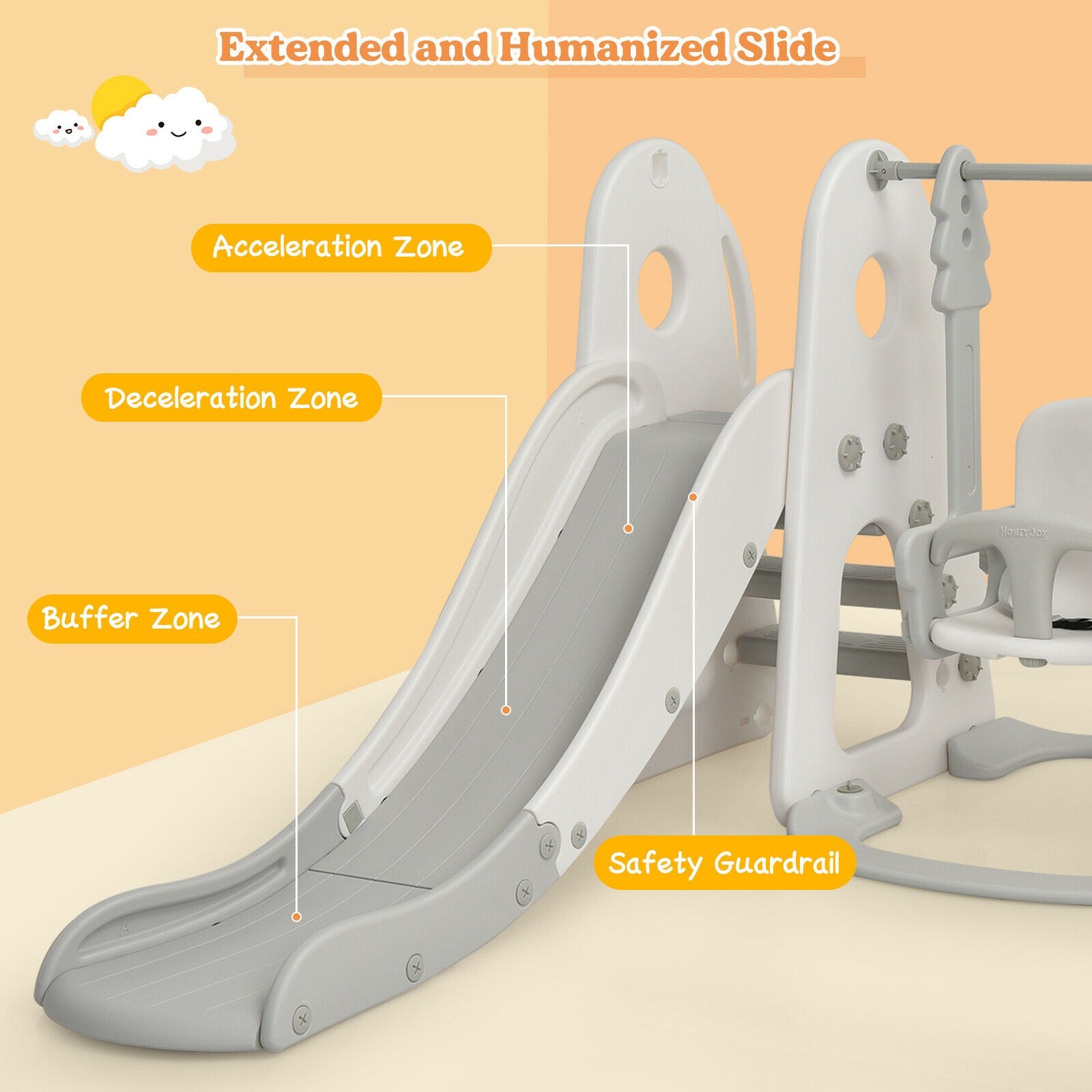 Children's slide with labeled safety zones on a beige background