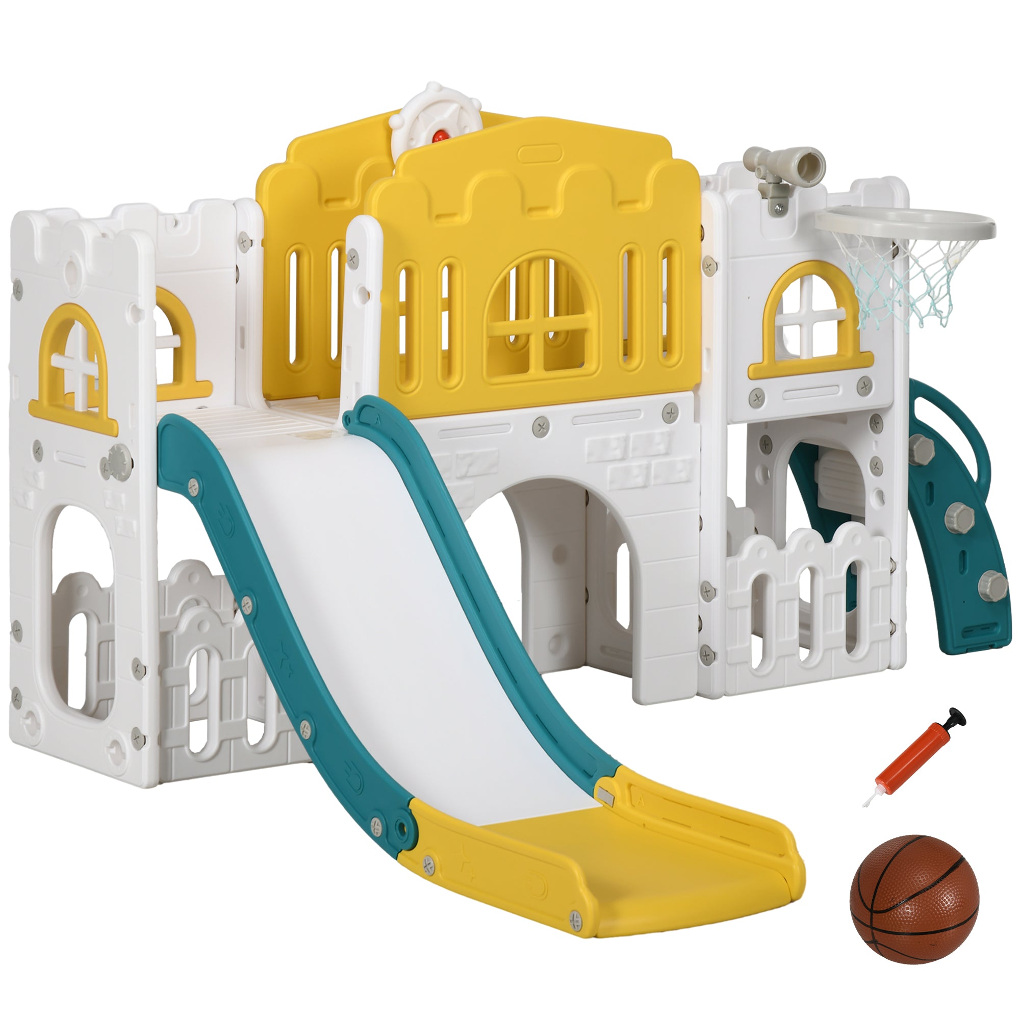 Children's playset with slide, basketball hoop, and ball on a white background