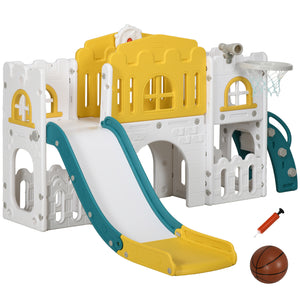 Children's playset with slide, basketball hoop, and ball on a white background