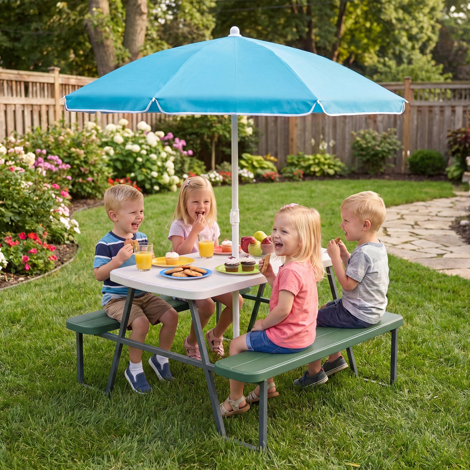 Children sitting at a picnic table with a blue umbrella in a garden setting