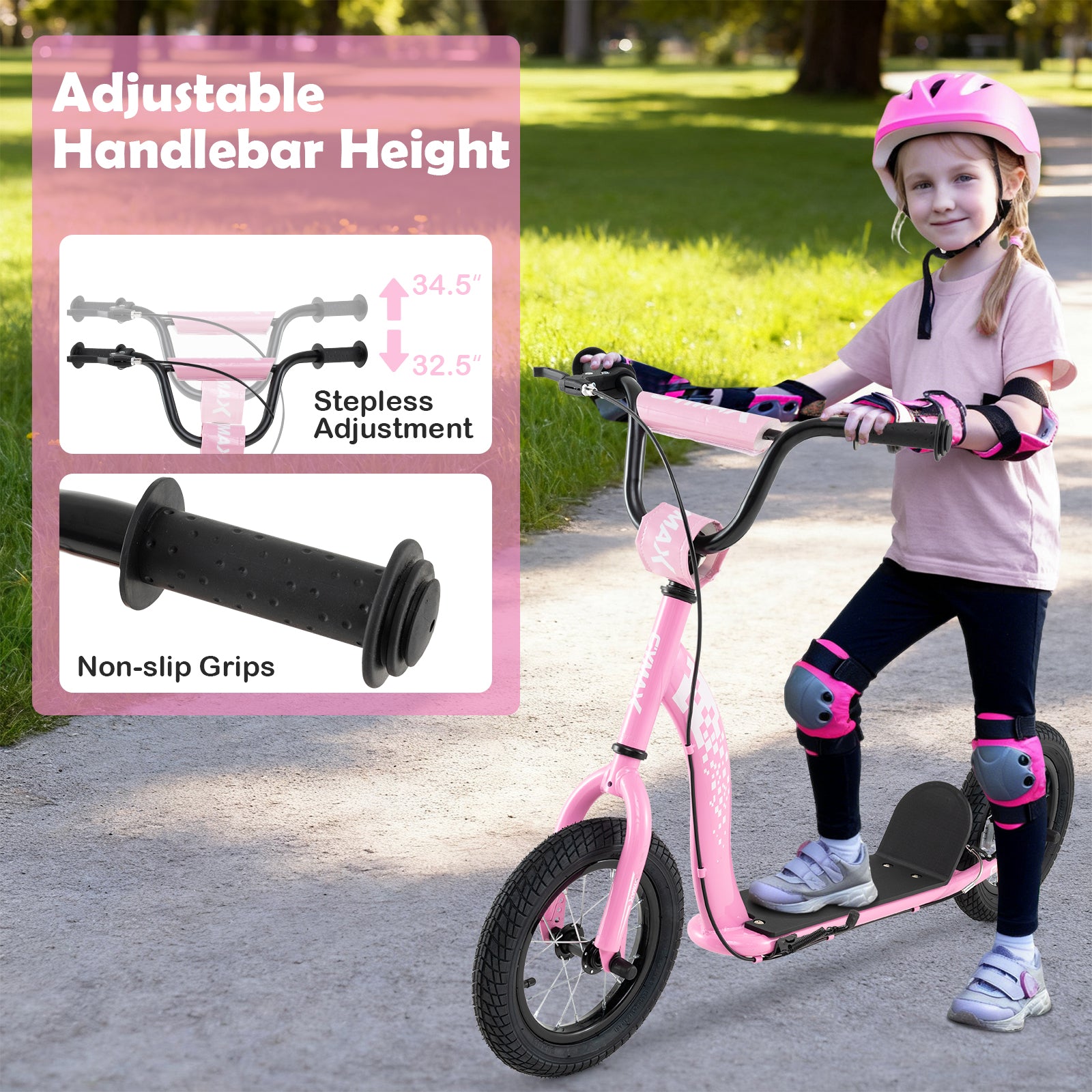 Child on a pink scooter with safety gear, adjustable handlebar height features shown.