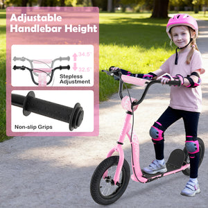 Child on a pink scooter with safety gear, adjustable handlebar height features shown.