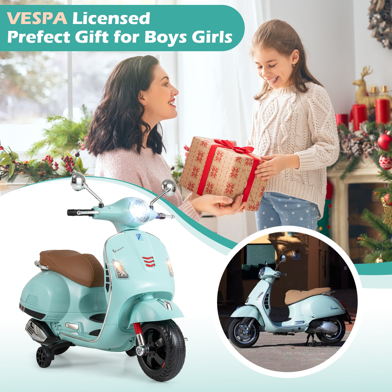 Light blue Vespa-style toy scooter with a woman and child exchanging a gift, set against a festive background.