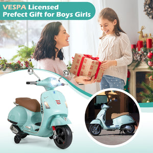 Light blue Vespa-style toy scooter with a woman and child exchanging a gift, set against a festive background.