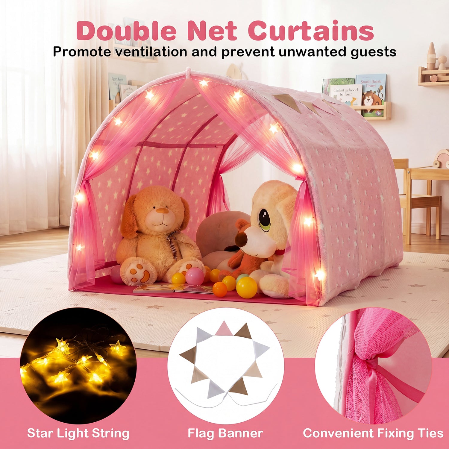 Pink children's play tent with plush toys and decorative elements on a bed.